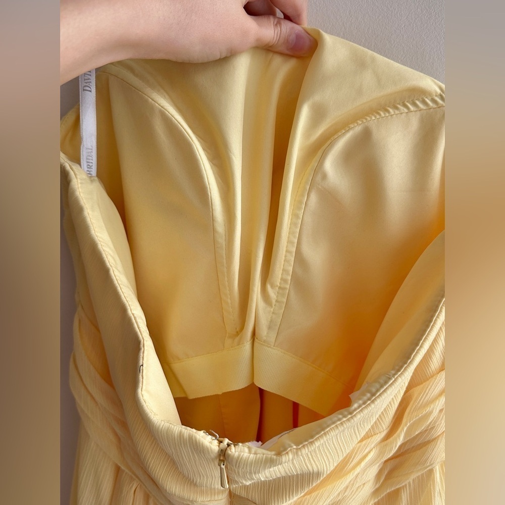David’s Bridal Strapless Crinkle Chiffon Dress Godets, Style#F14865-ButterYellow - Picture 10 of 16